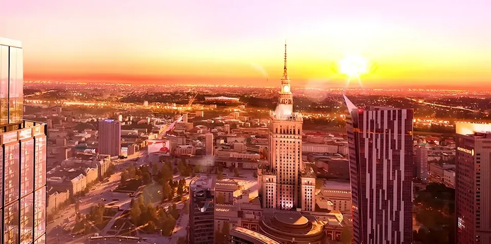 Warsaw skyline at sunset with the Palace of Culture and Science, the key visual of Living Summit Warszawa 2027