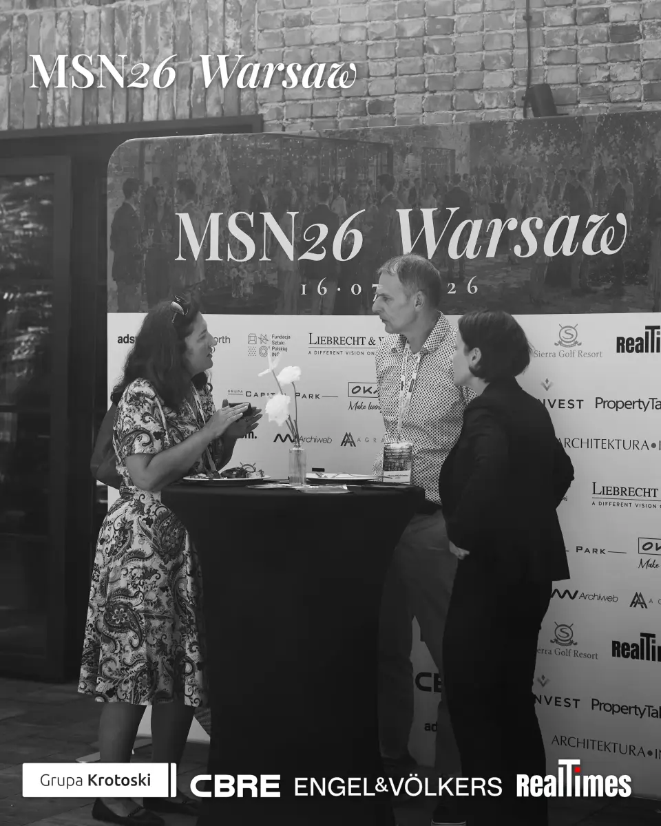 Mid-Summer Night 2026 at B'Fort, Warsaw: networking at sponsor wall, B&W